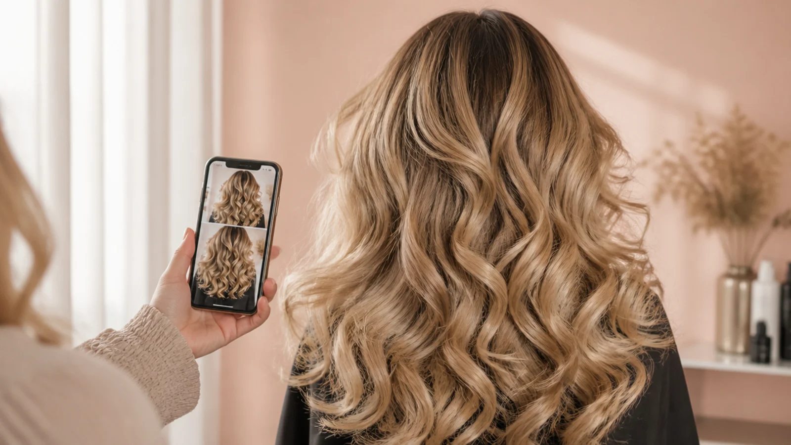 Phone showing blonde curly hair reference photos held beside long curly hair at a salon