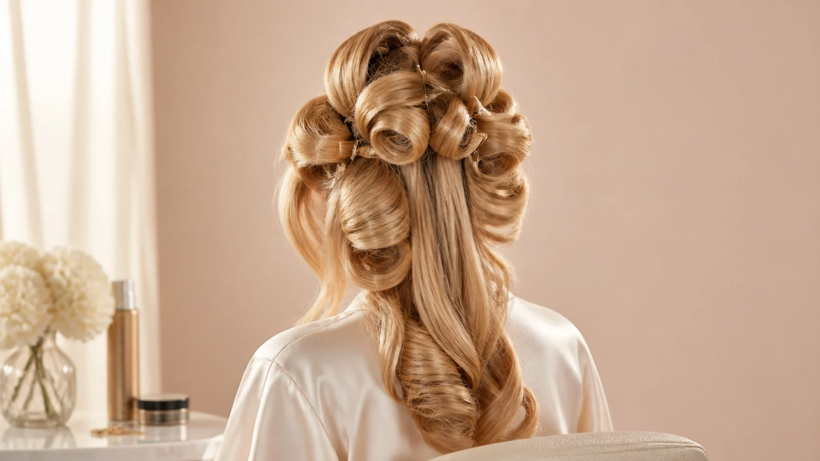 Long blonde layered hair set in pinned Hollywood curls before brushing out, viewed from behind