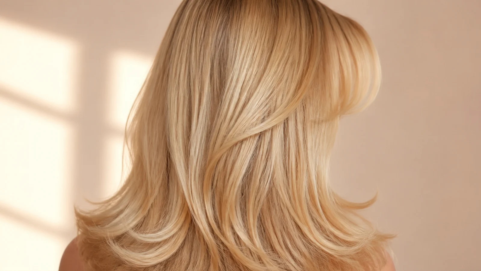 Buttery blonde long layered hair with a lash-skimming curtain fringe, shot from behind with bouncy ends