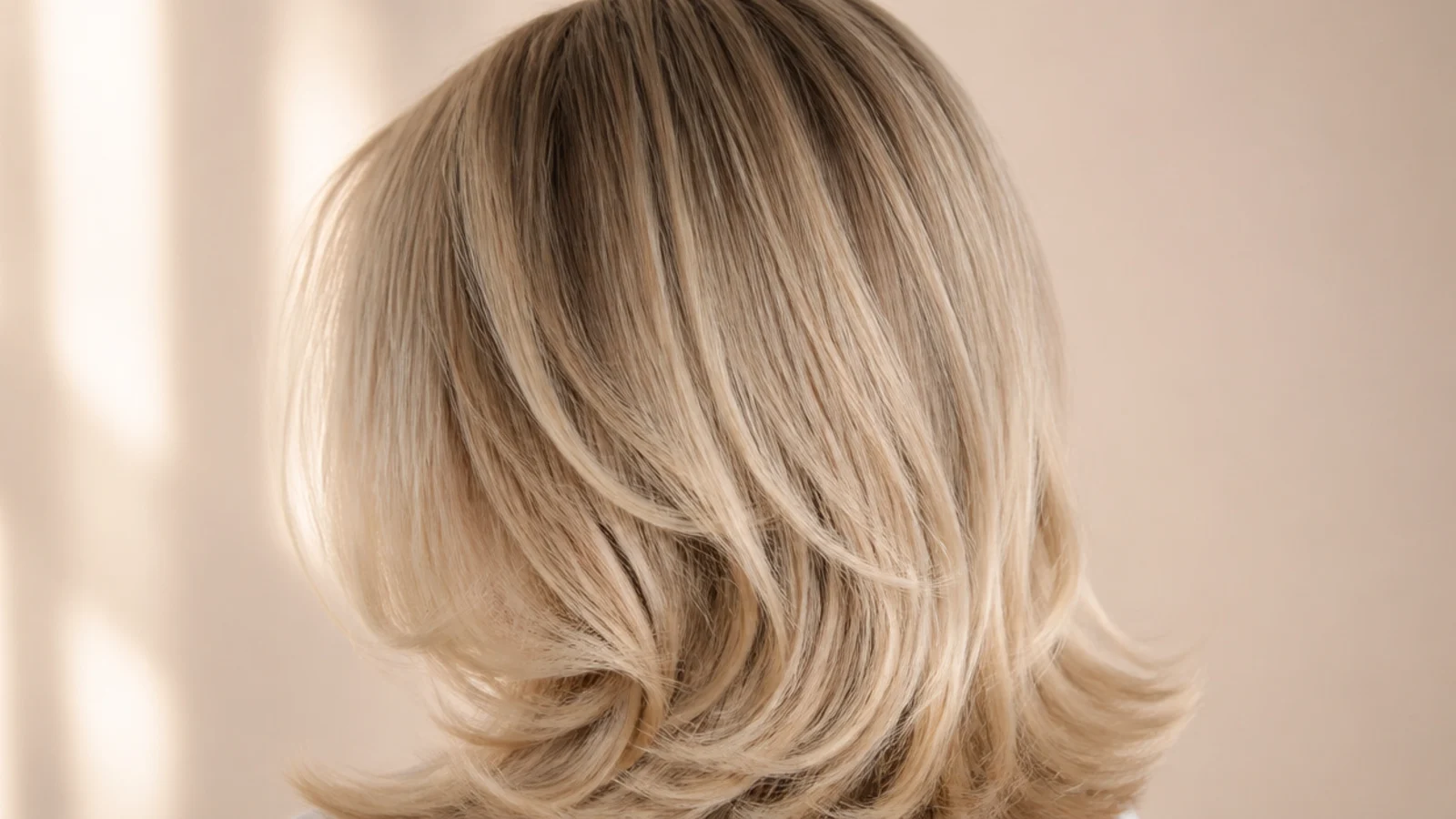 Cool beige blonde hair in a bouncy round-brush blowout with curved ends, photographed from behind