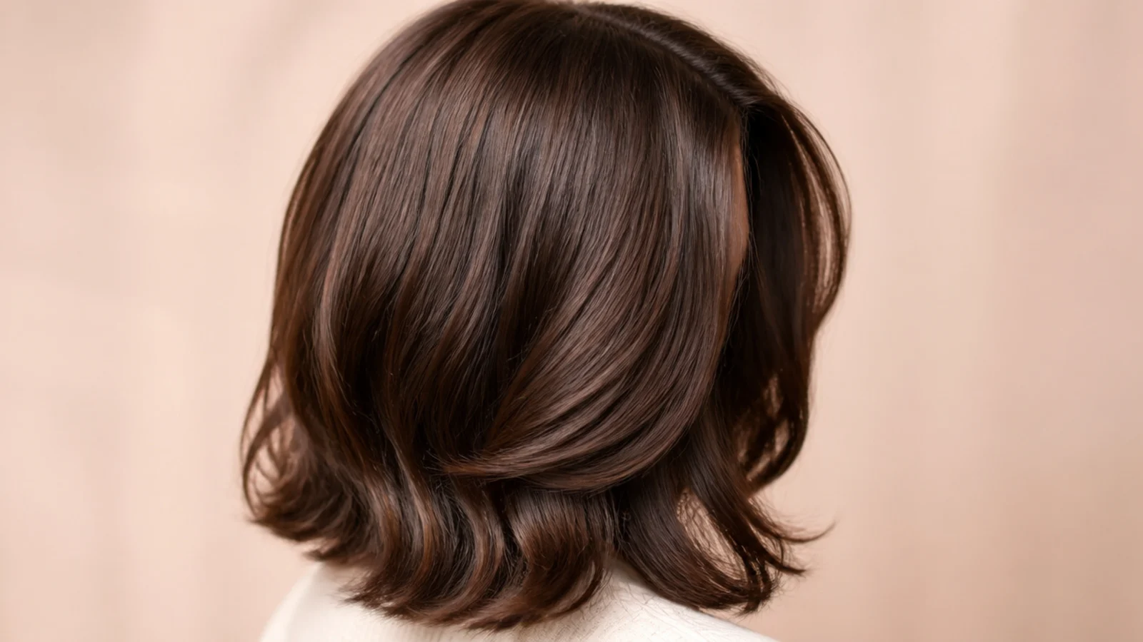 Chocolate brown collarbone-length hair with a soft curtain fringe parted in the center, shot from behind