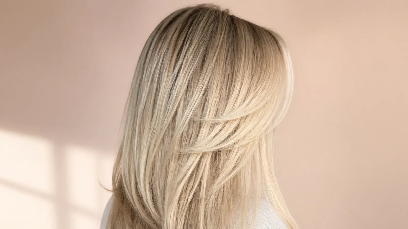 Icy blonde long hair with brighter face-framing pieces around a curtain fringe, viewed from the back
