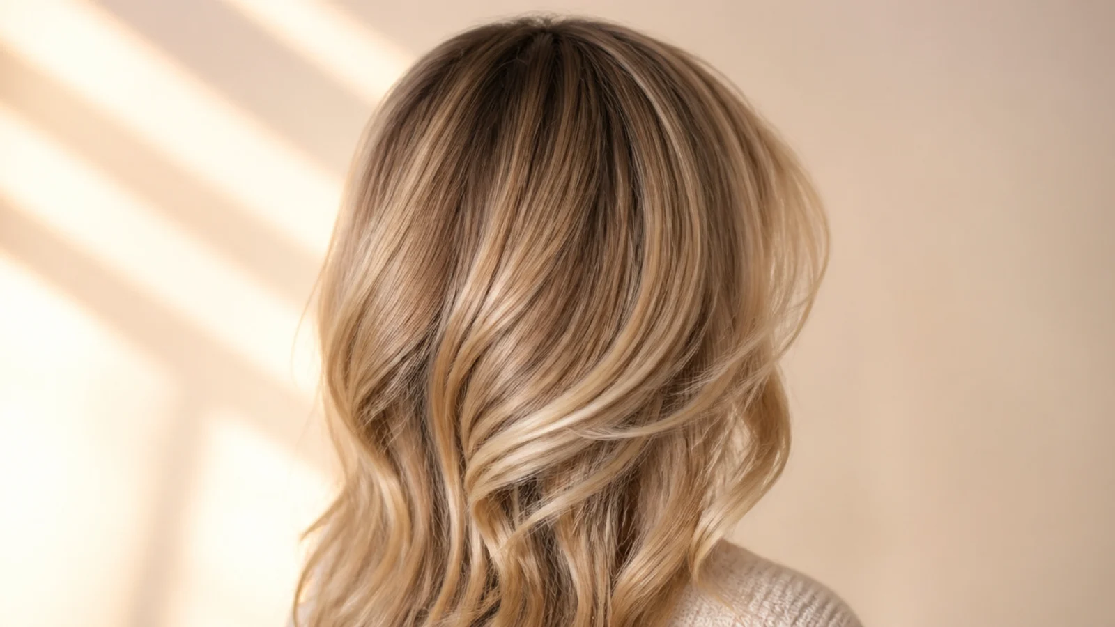 Honey blonde soft waves with a darker shadow root and long layers, shot from behind in daylight