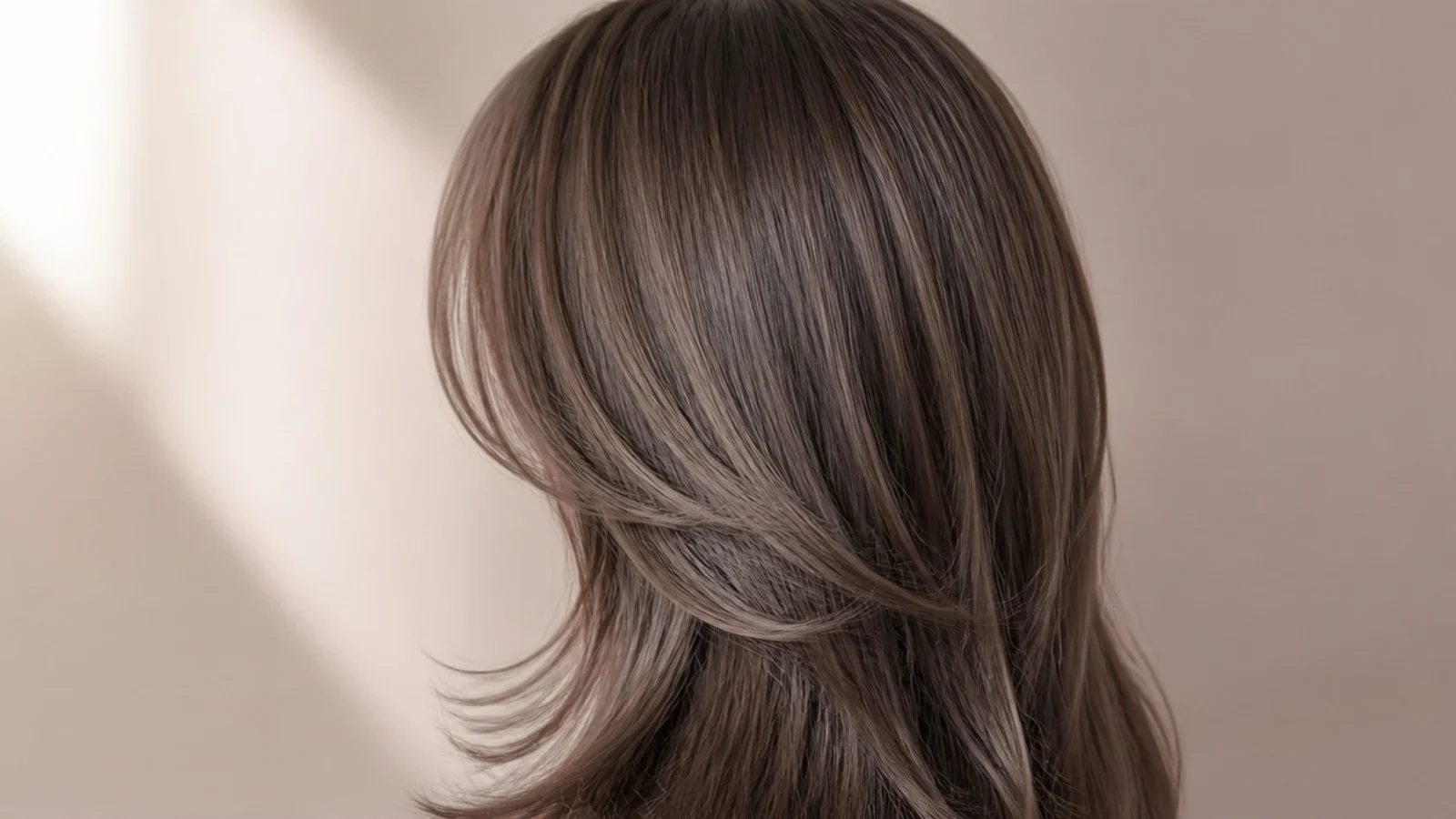 Mushroom brown long layered hair with cool ashy tone and face-framing layers, viewed from behind