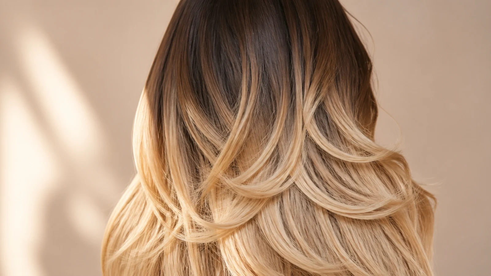 Dark brown roots melting into buttery blonde ends on long layered hair, photographed from behind
