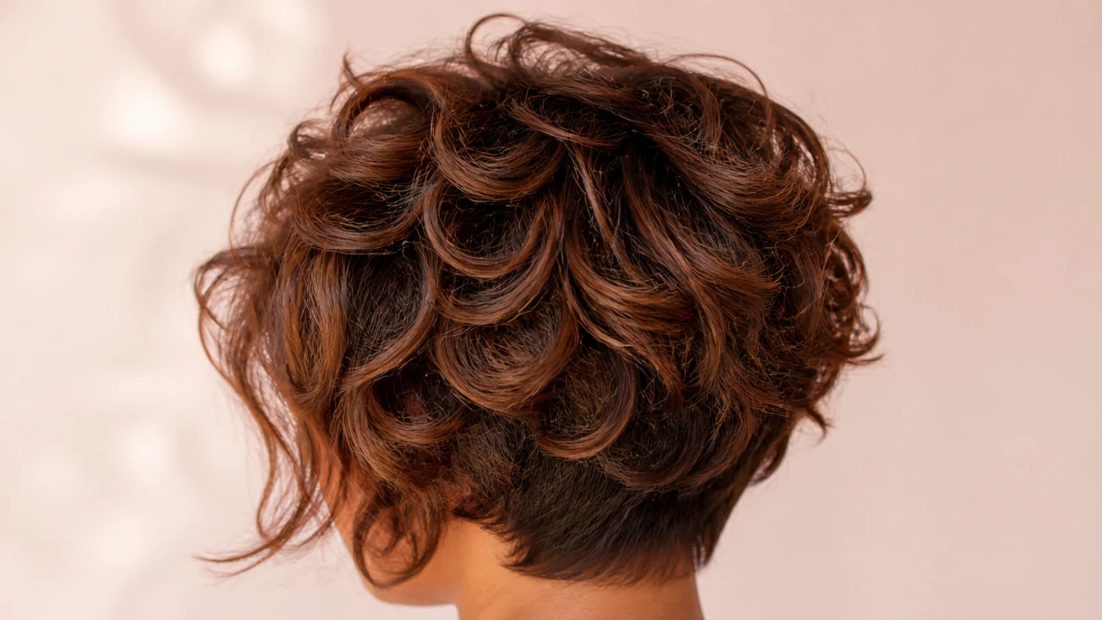 Dark auburn curly pixie cut with a short textured fringe and defined curls, shot from behind