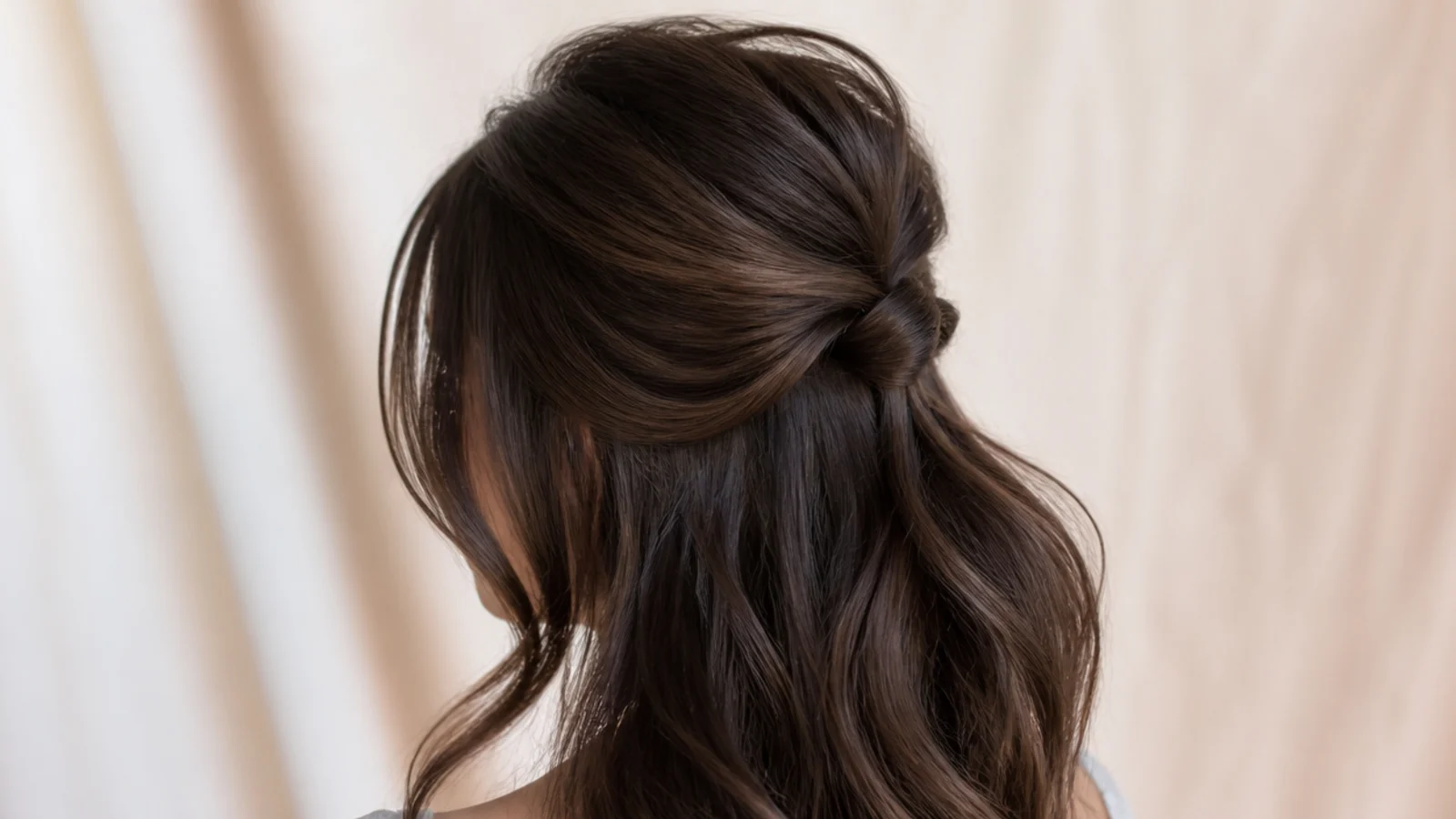 Espresso brown half-up hairstyle with a curtain fringe left out and volume at the crown, shot from behind