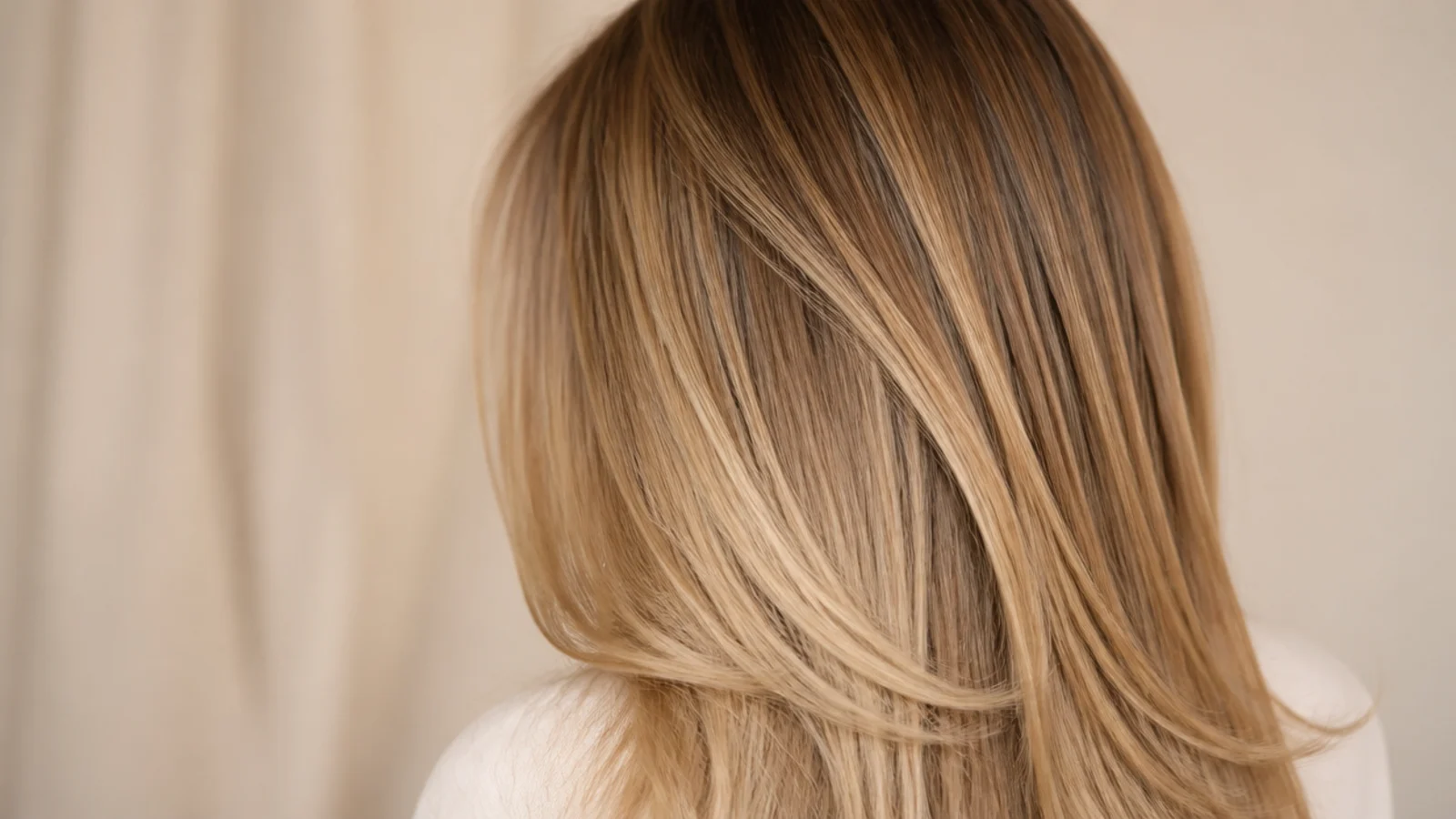Bronde grown-out layered hair blending brown roots and blonde lengths, photographed from behind
