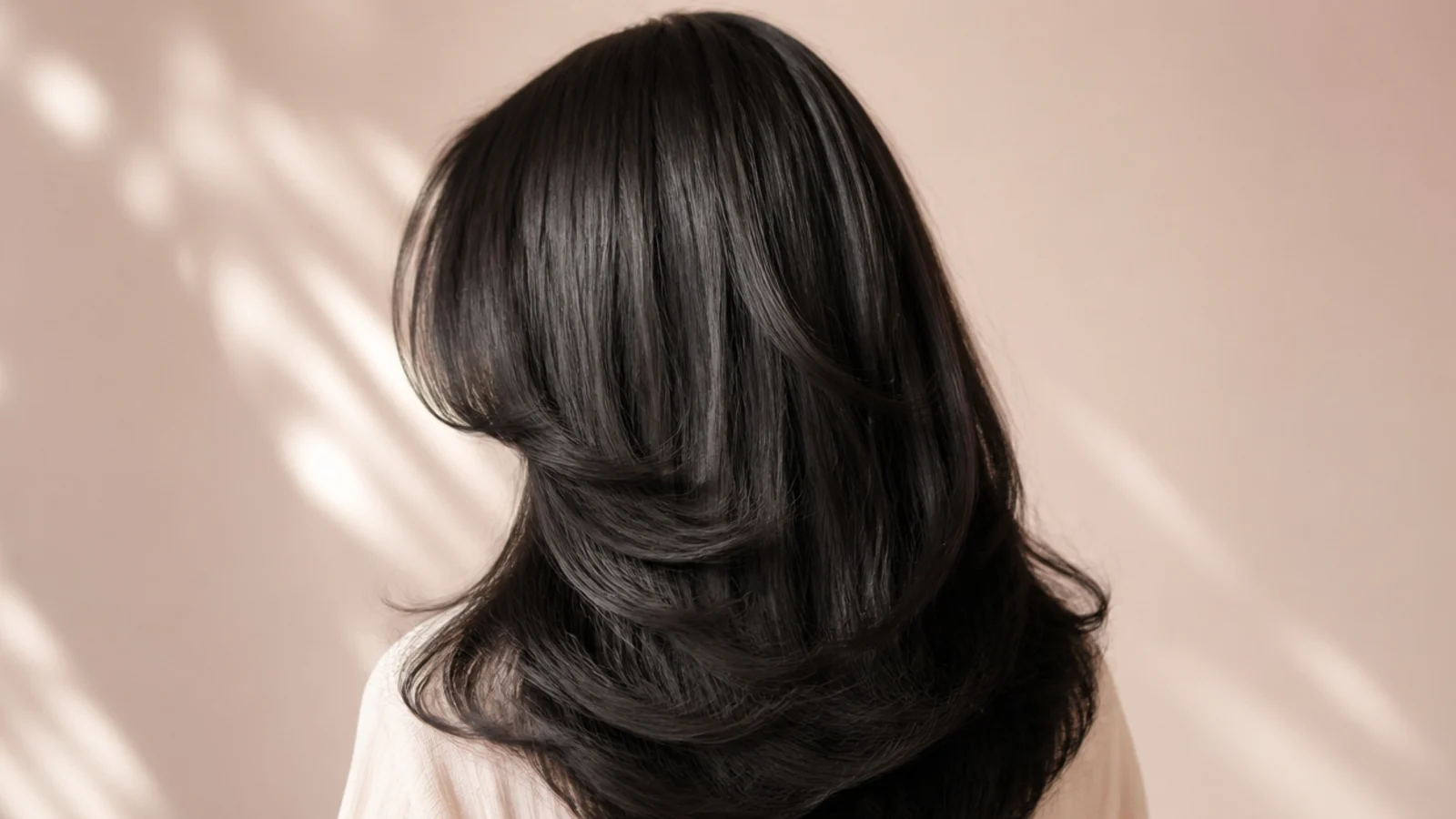 Soft black long layered hair in a bouncy blowout with curved ends and a curtain fringe, viewed from behind