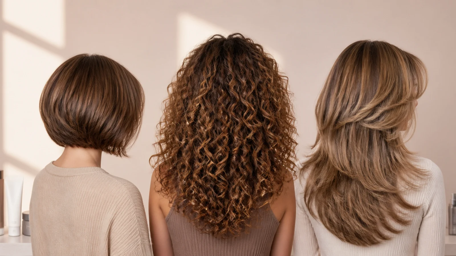 Three hair types compared from behind showing a bob, curly texture and thick long layers with curtain bangs