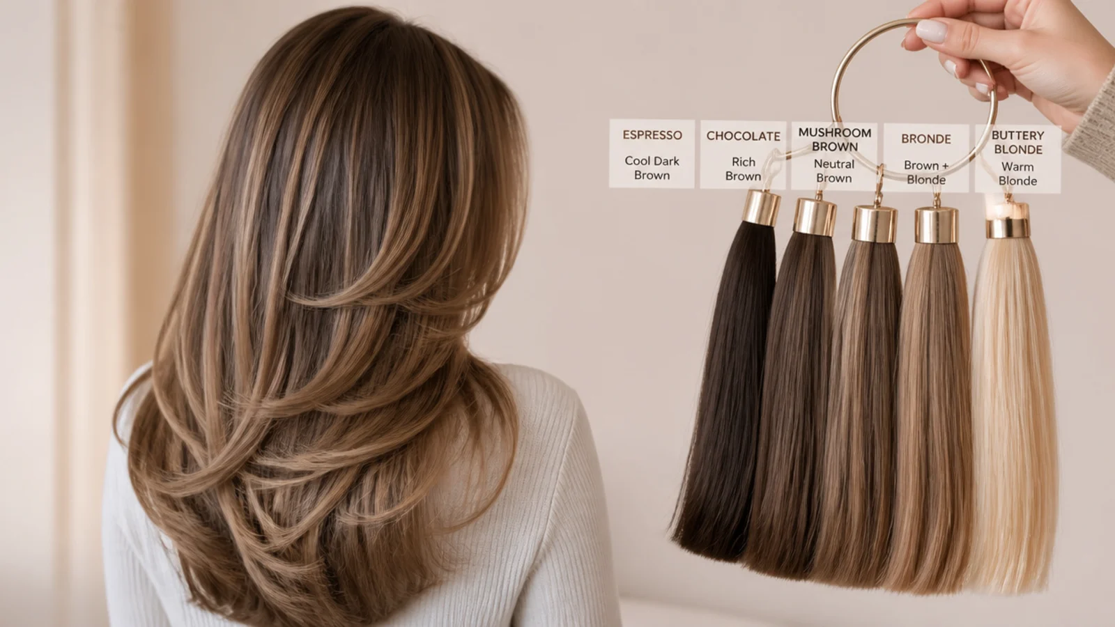 Hair color swatch ring showing espresso, chocolate, mushroom brown, bronde and buttery blonde shades