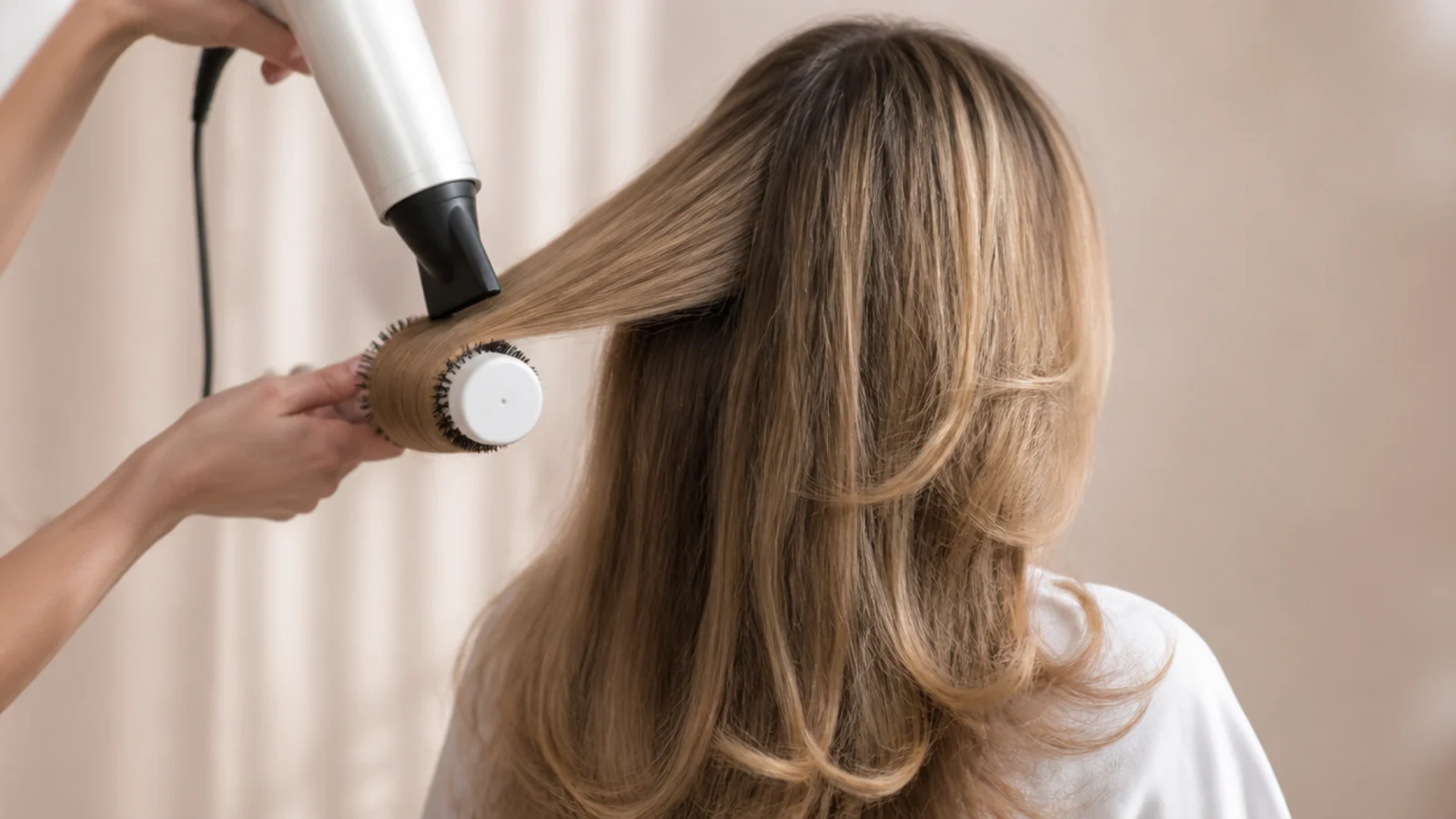 Large round brush blow-drying a two-inch section of hair with a nozzle pointed down the hair shaft