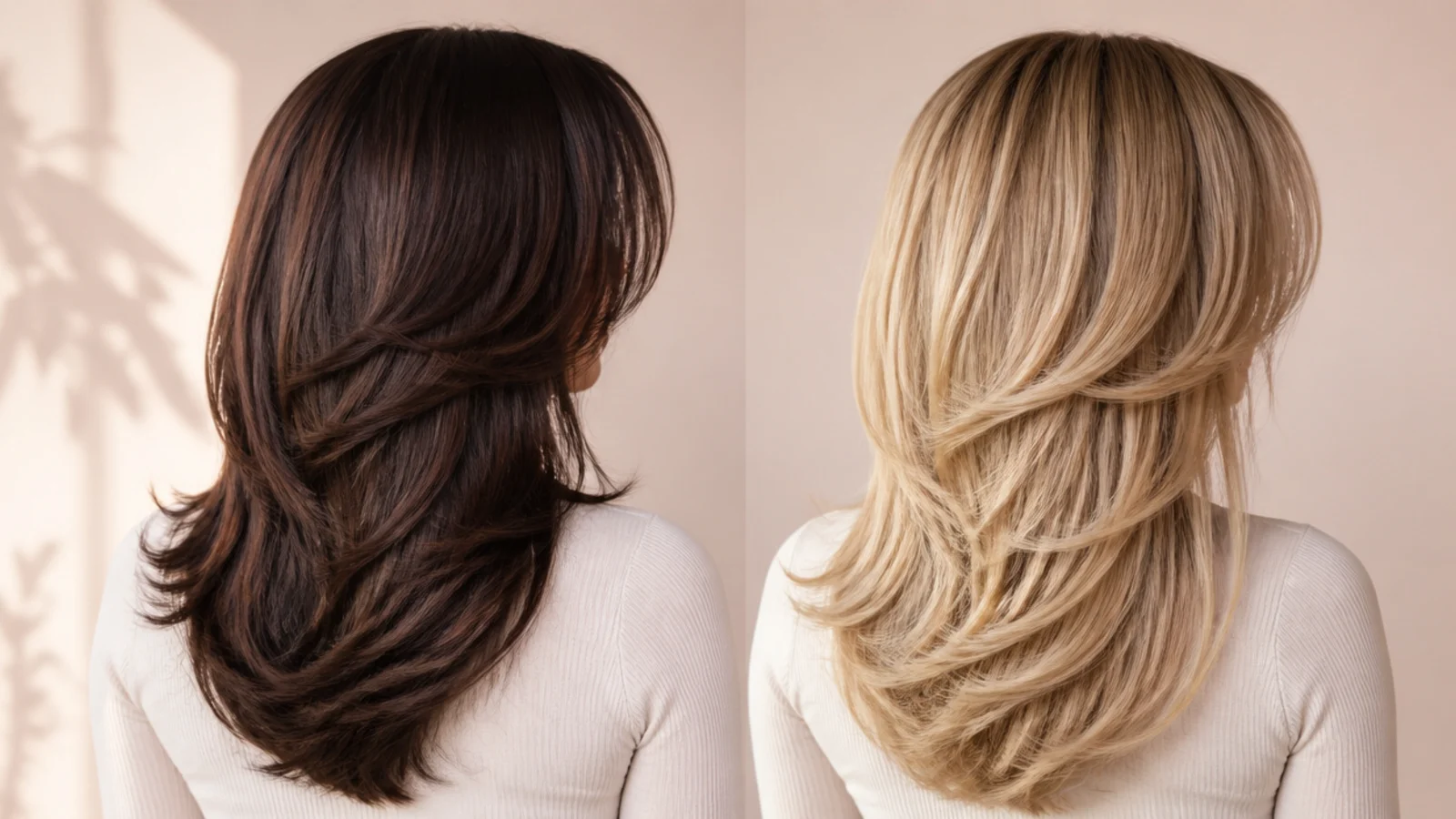 Side by side comparison of espresso dark hair and buttery blonde hair on the same layered curtain bang cut