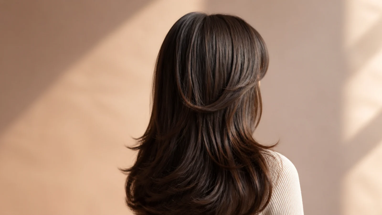 Sabrina Carpenter inspired dark espresso brown long layered hair with a curtain fringe, photographed from behind