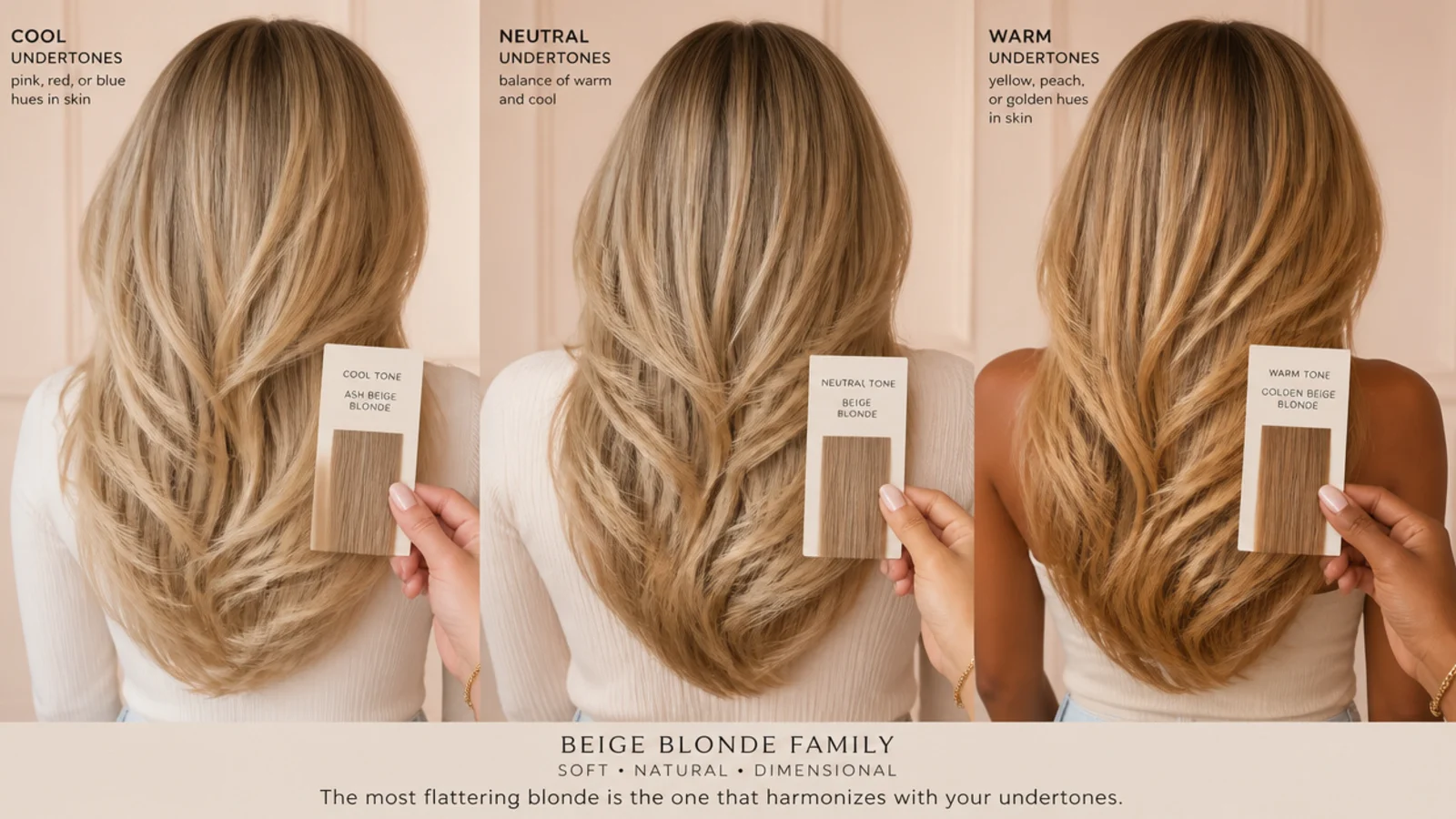 Three hair color swatches held against cool, neutral and warm skin tones to compare undertone match