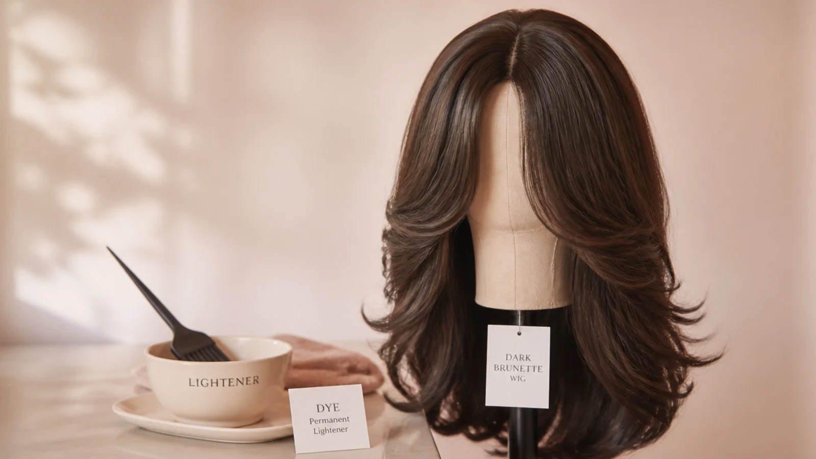 Dark brunette wig on a stand next to a lightener bowl and brush illustrating wig versus dye
