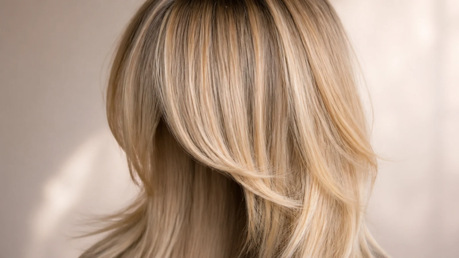 Full curtain bangs worn straight down over the forehead with long layered blonde hair falling past the shoulders