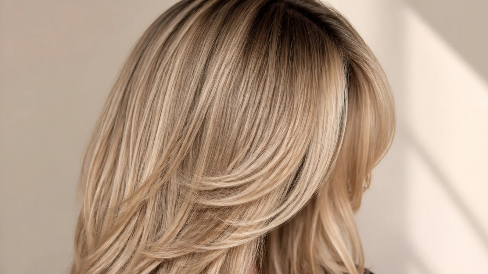 Bottleneck bangs narrow at the brow and flaring longer at the temples, framing a round face on blonde hair
