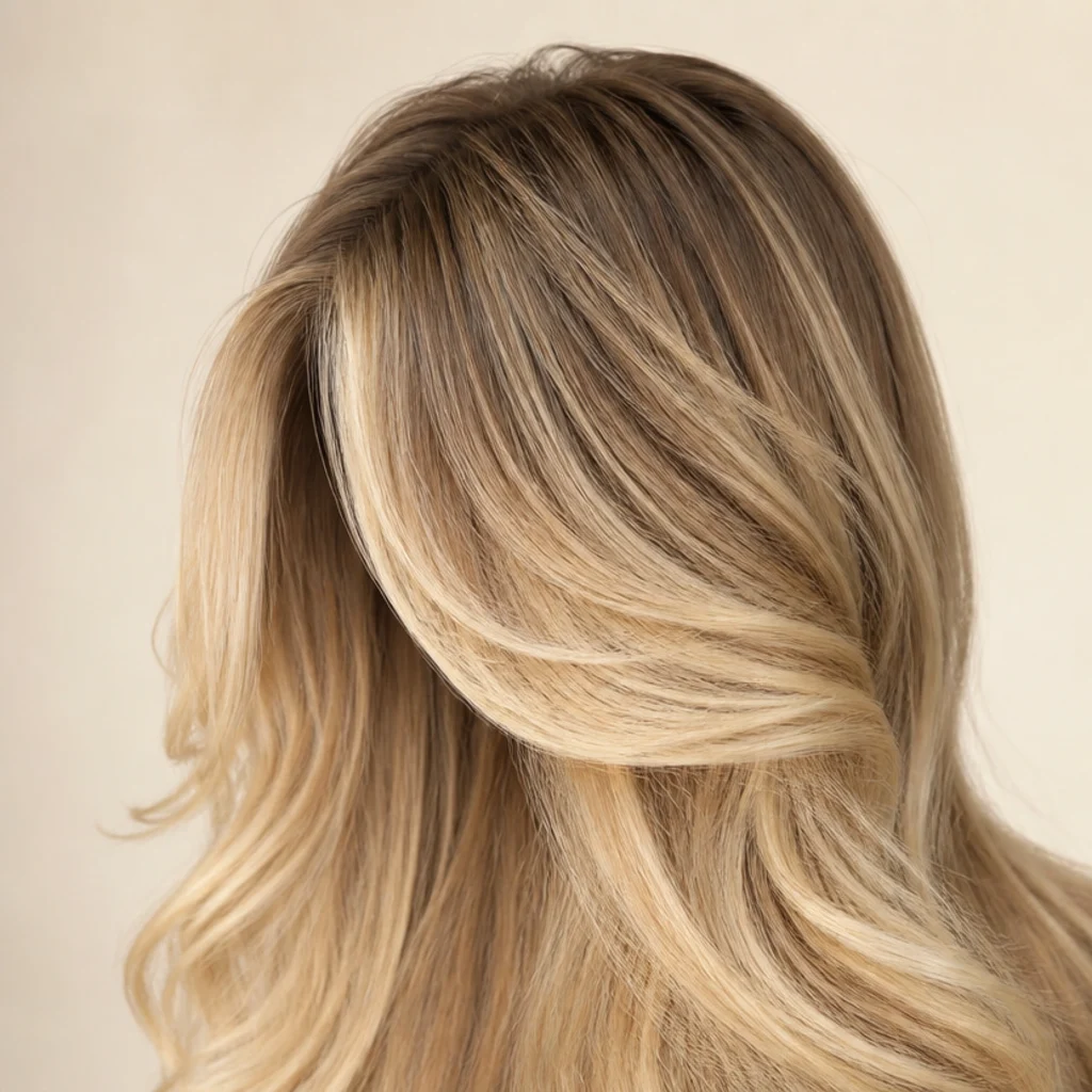 Side-swept curtain bangs falling across the forehead from a deep side part on long blonde waves