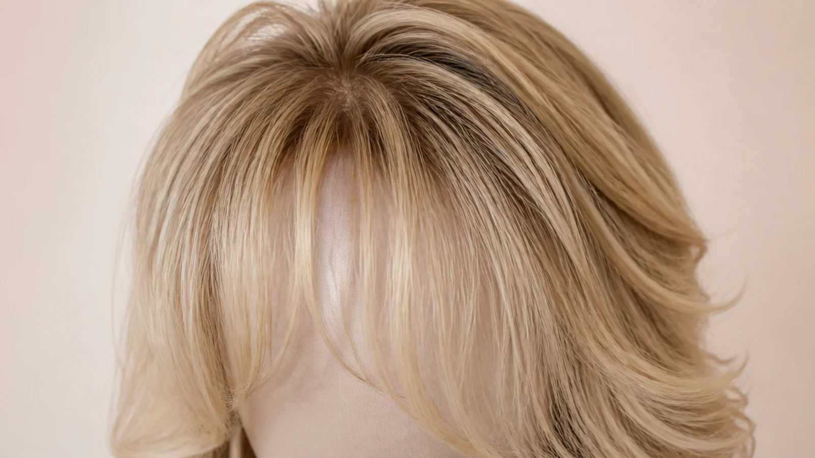 Wispy see-through curtain bangs on fine blonde hair with tapered ends and visible forehead beneath