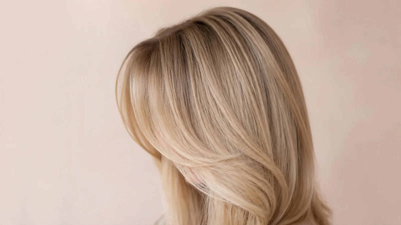Short curtain bangs cut to the brow with a soft center part on long blonde hair, shot in profile