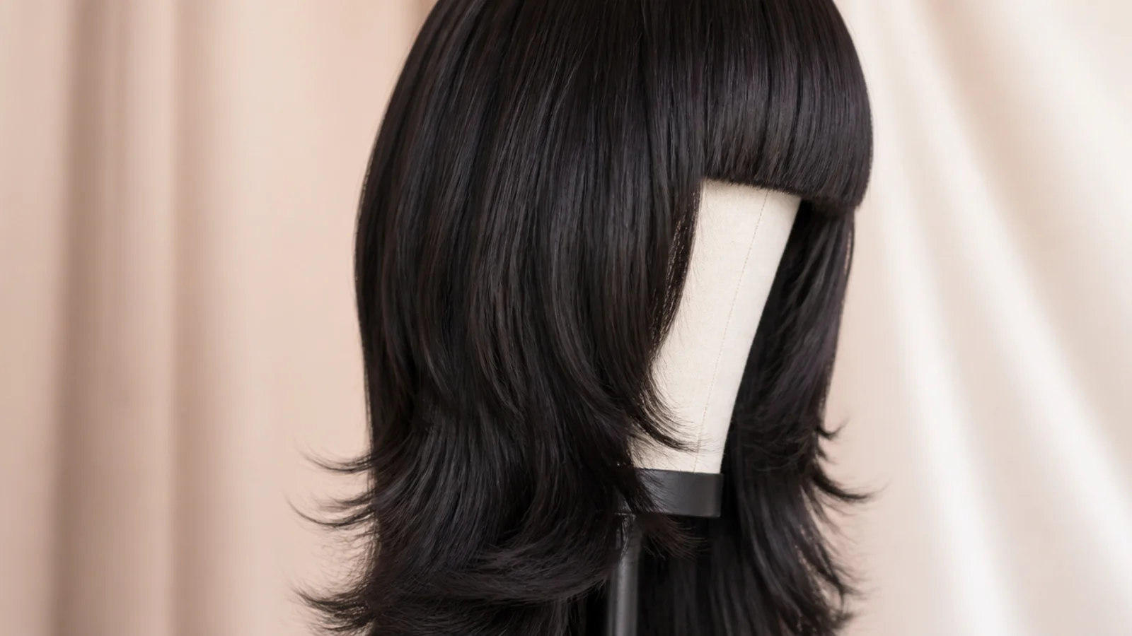 Sleek jet-black wig with heavy blunt bangs cut straight across the brow, photographed on a wig stand