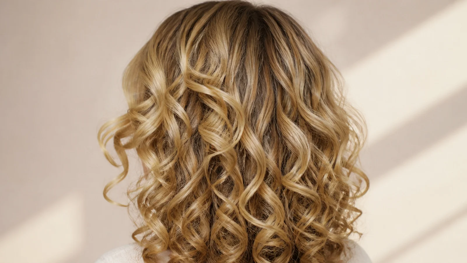 Curtain bangs on curly 3a blonde hair with defined spiral ends framing the face, shot from behind