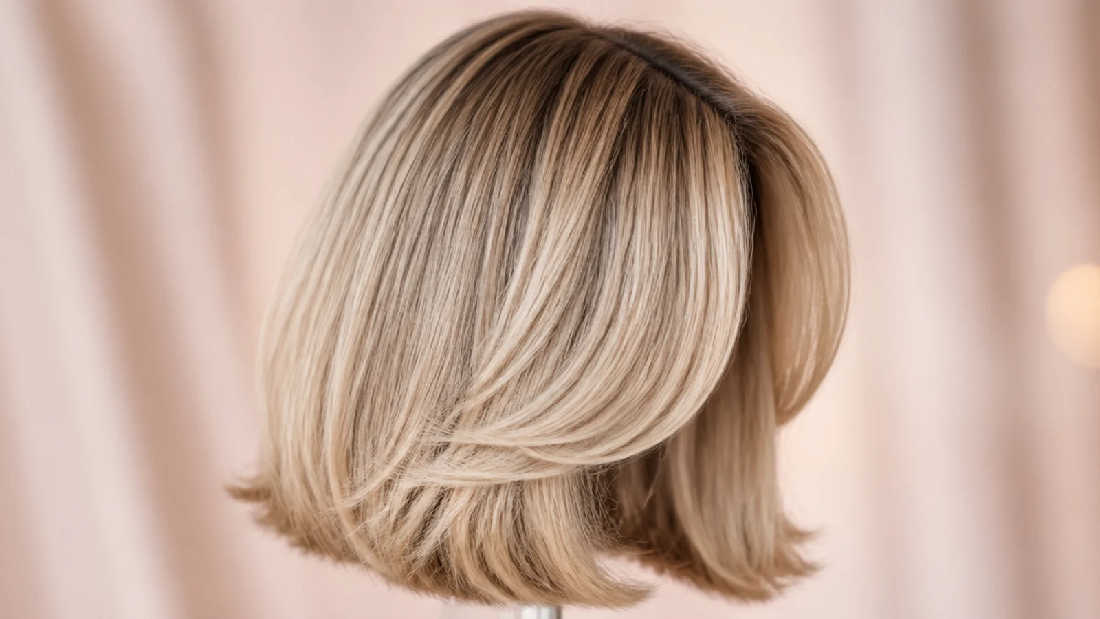 Shoulder-length blonde bob with curtain bangs parted in the center and swept toward the cheekbones