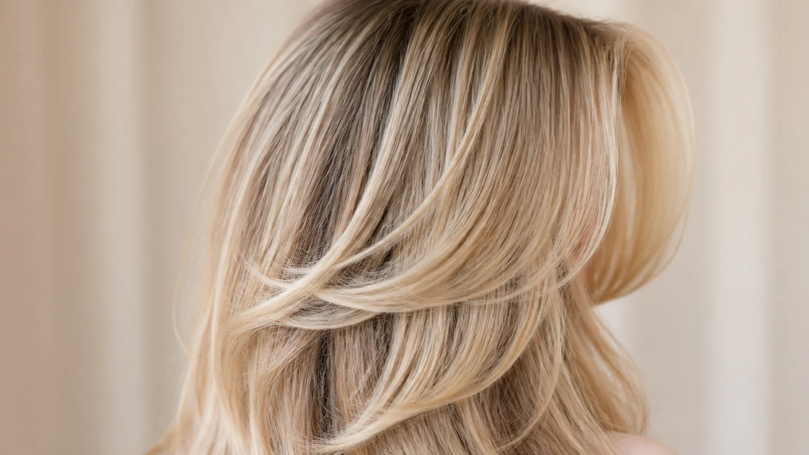 Bouncy blow-dried curtain bangs with a rounded bend at the ends on voluminous blonde layers
