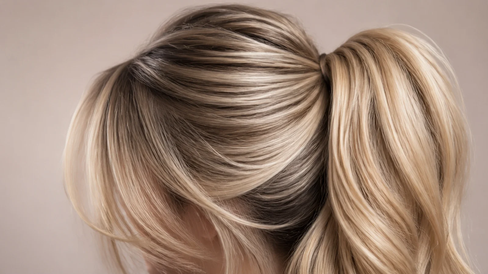 High blonde ponytail with curtain bangs left out and swept to either side of a center part