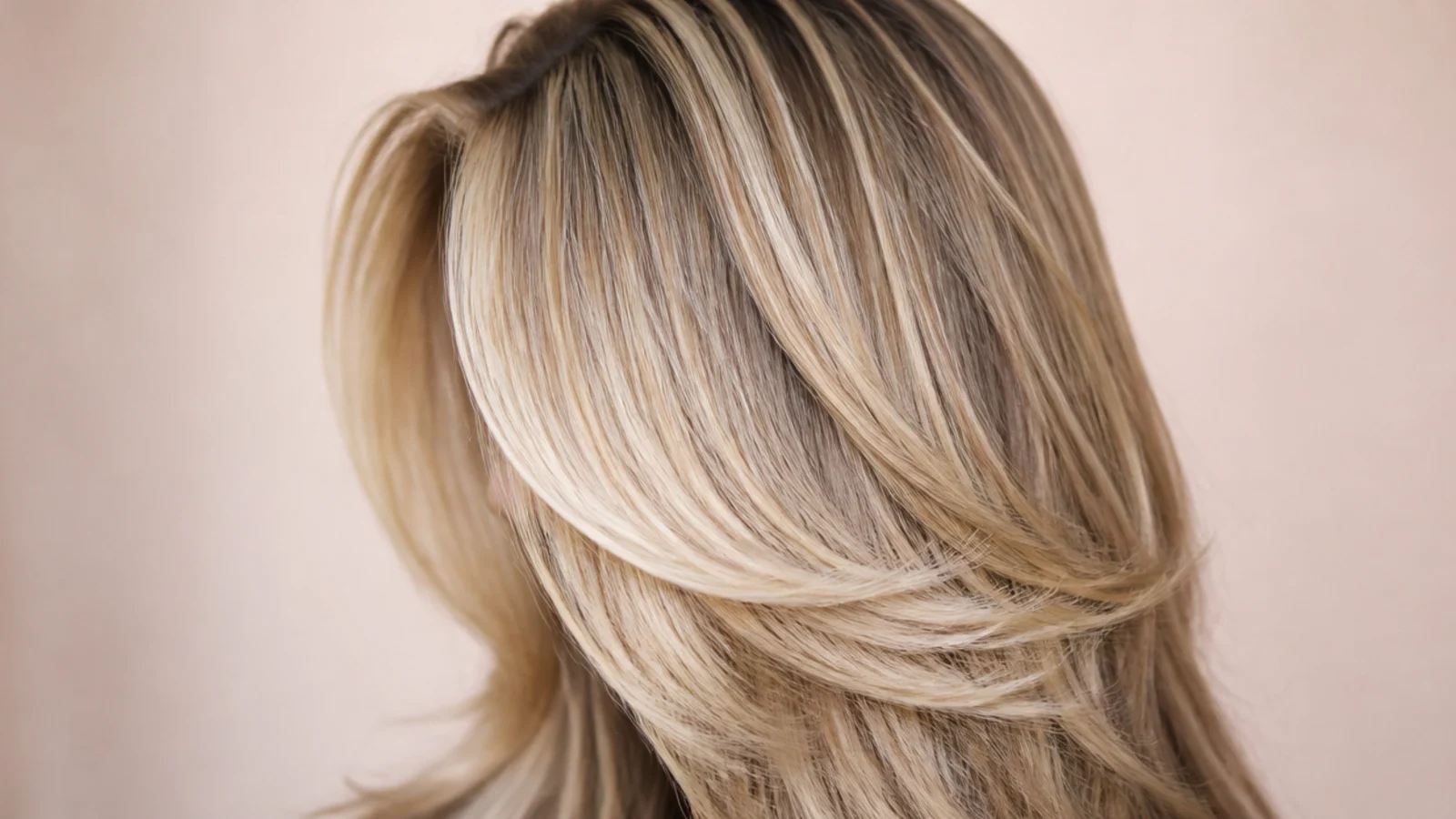 Long curtain bangs on a low hairline swept fully off the forehead into face-framing blonde layers