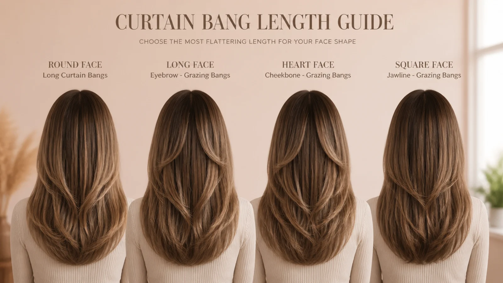 Four curtain bang lengths compared side by side for round, long, heart and square face shapes