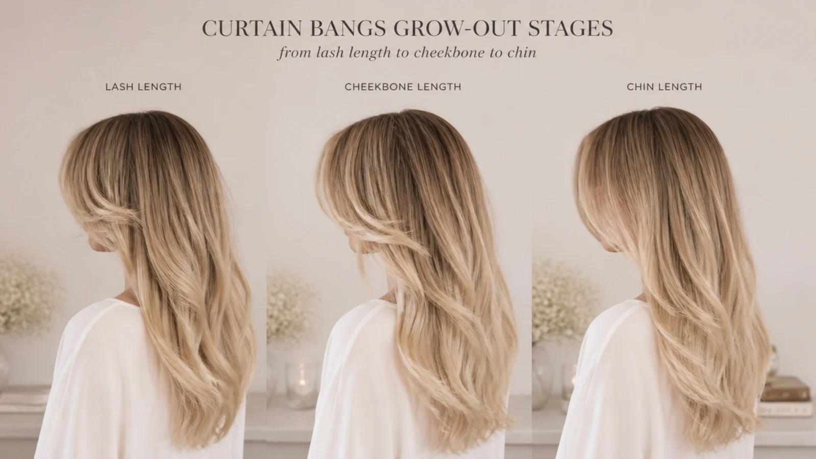 Three grow-out stages of curtain bangs from lash length to cheekbone to chin on long blonde hair