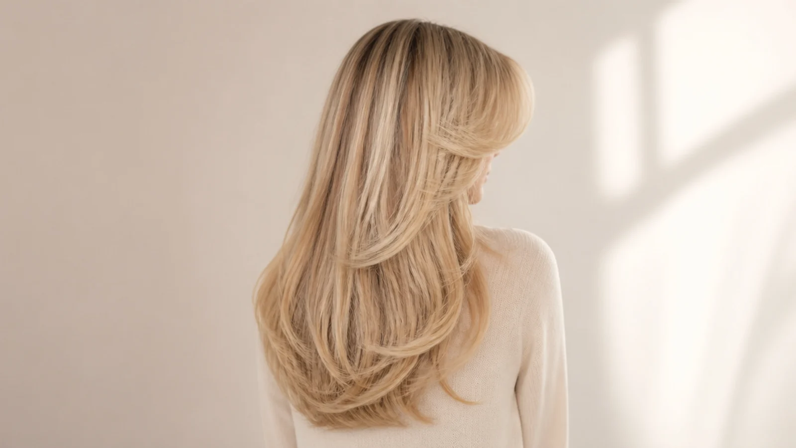 Sabrina Carpenter style curtain bangs on long layered blonde hair, shot from behind with the fringe visible in profile