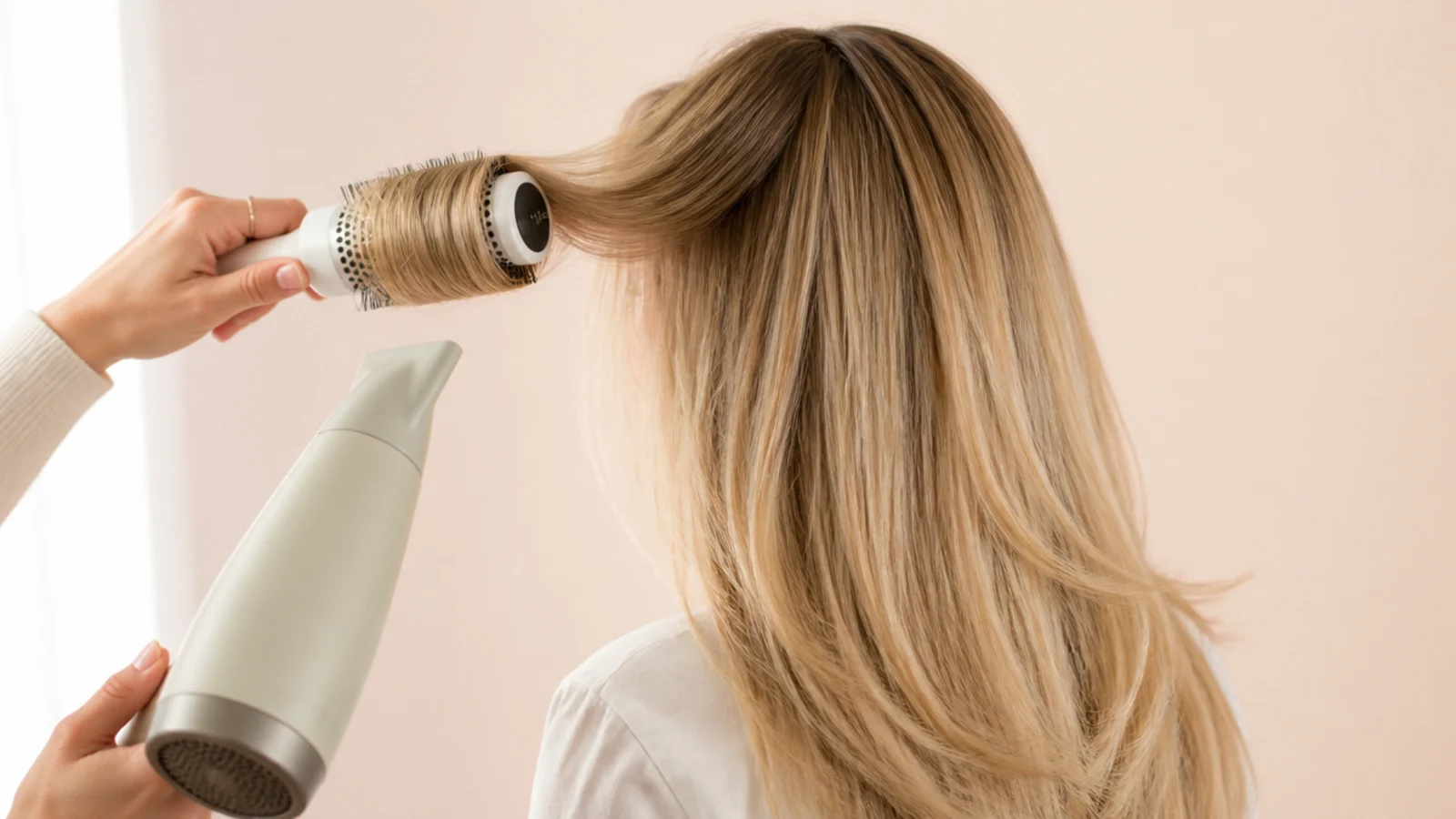 Large ceramic round brush blow-drying a curtain fringe away from the face on blonde hair