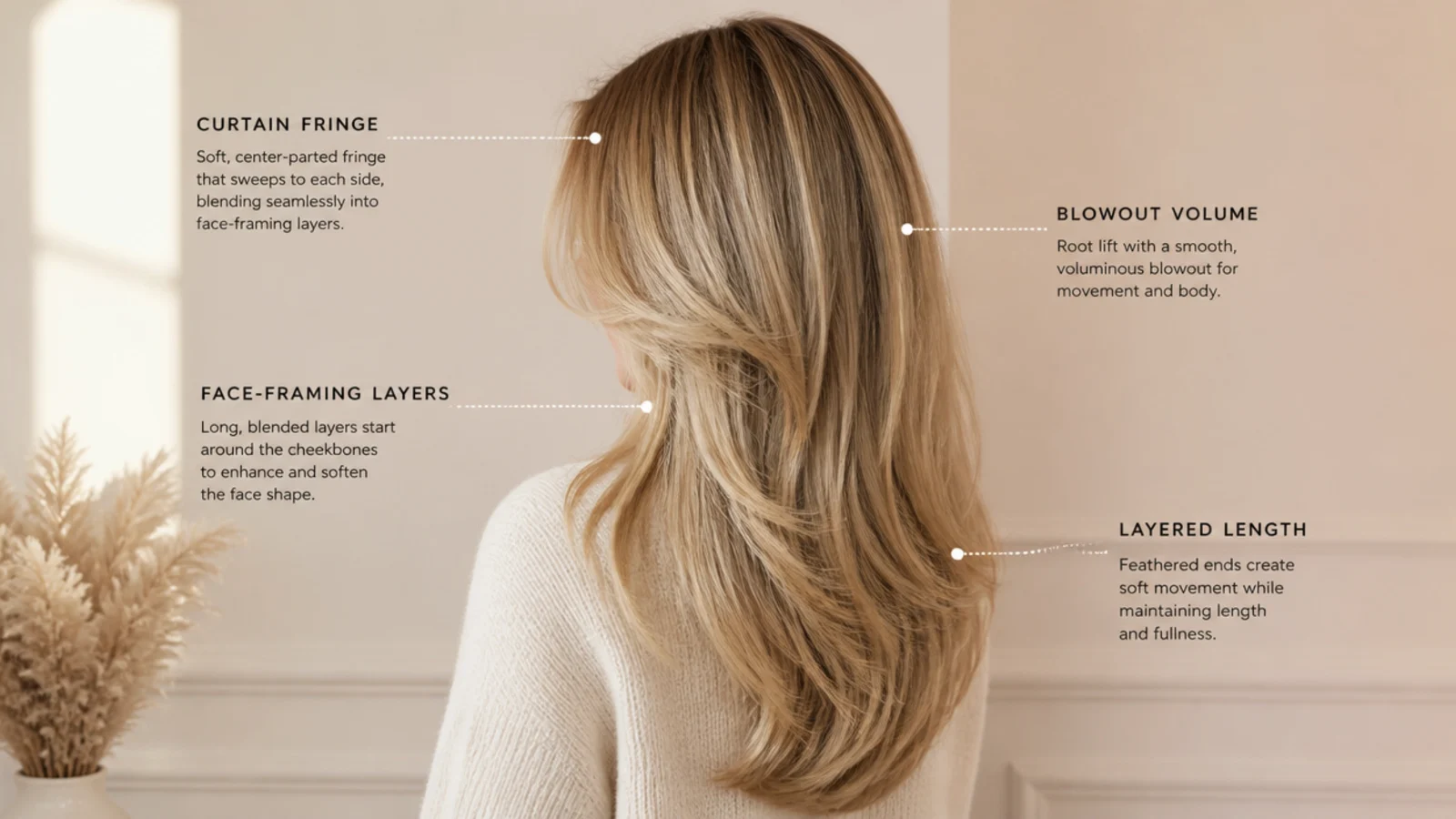 Diagram-style view of a curtain fringe section and long face-framing layers on blonde hair from behind