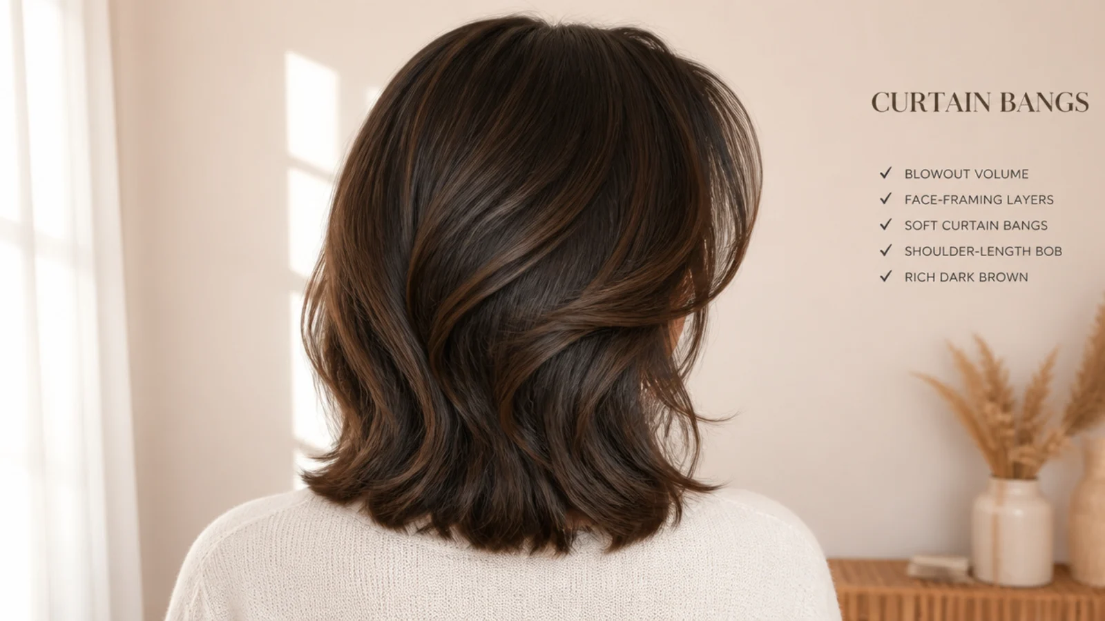 Curtain bangs shown on thick dark hair, a shoulder-length bob and curly blonde hair from behind