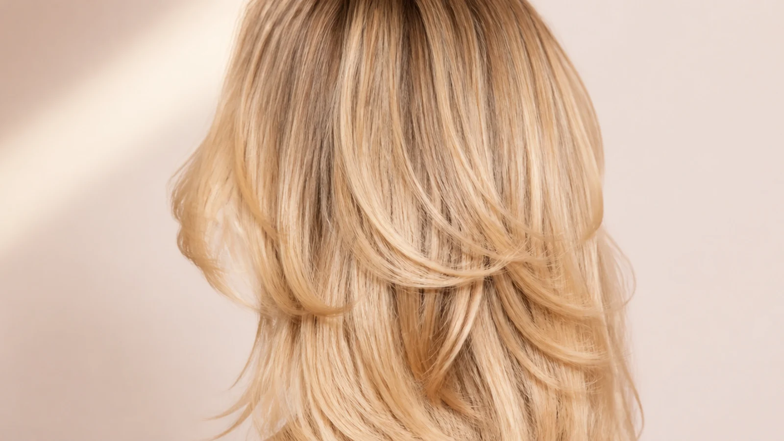 Buttery blonde Sabrina Carpenter hair color with a soft shadow root on long layered hair from behind