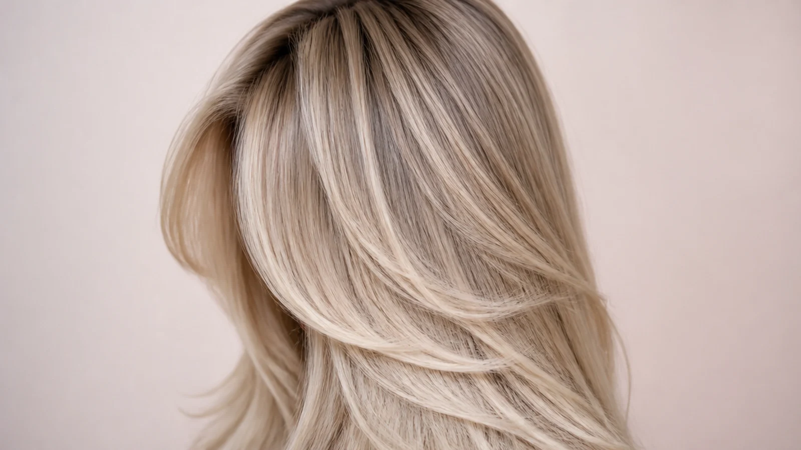 Cool beige blonde hair color on long layers with a curtain fringe photographed from behind
