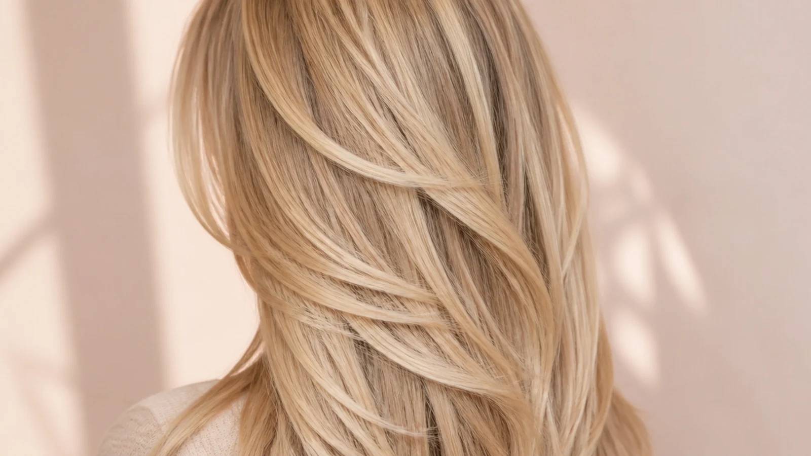 Honey high-lift blonde hair color with golden warmth through long layers seen from behind
