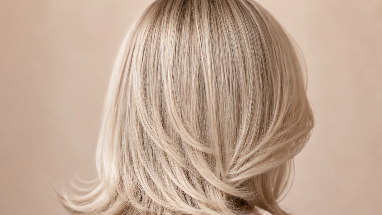 Vanilla blonde gloss adding shine to fine blonde hair with face-framing layers seen from behind