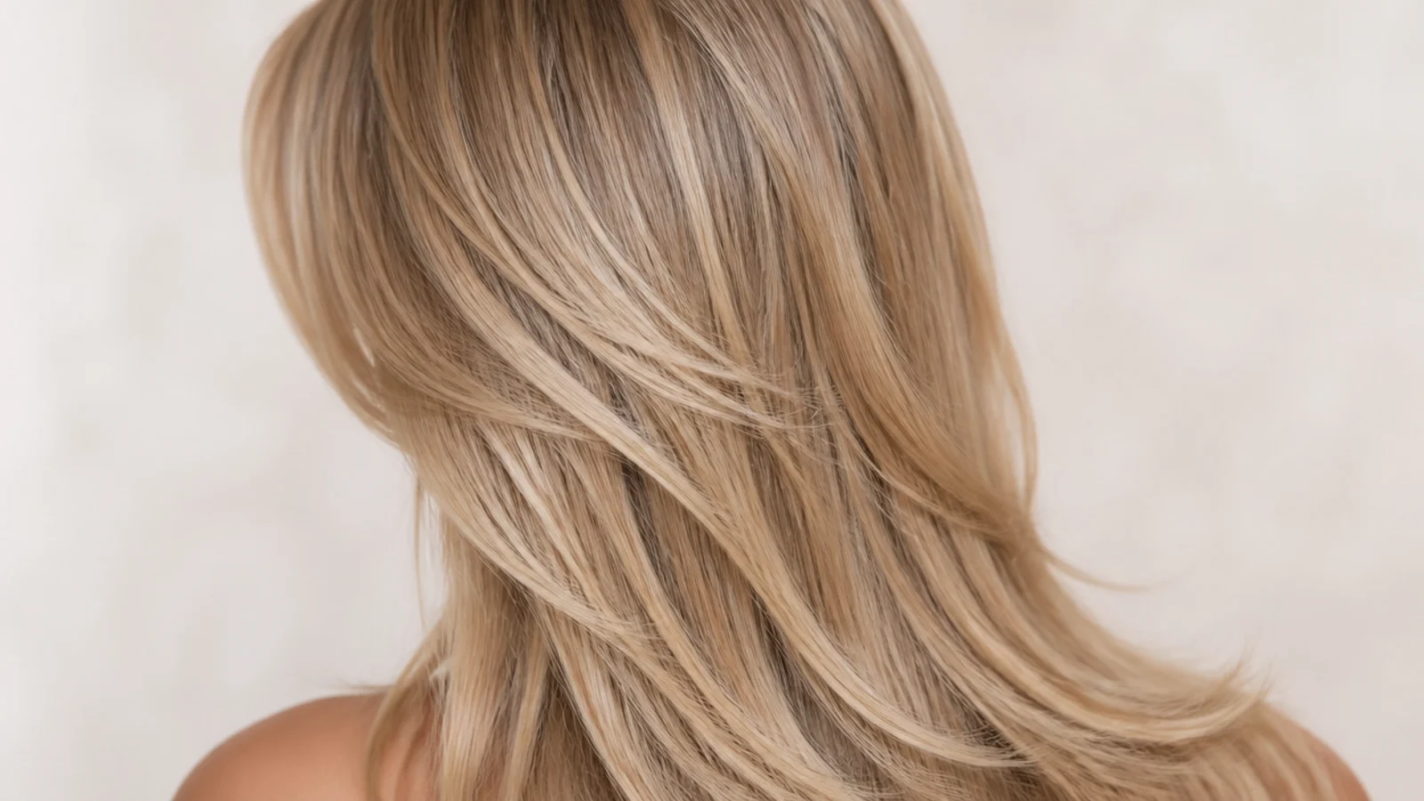 Sandy beige blonde hair color with fine babylights through long layers photographed from behind