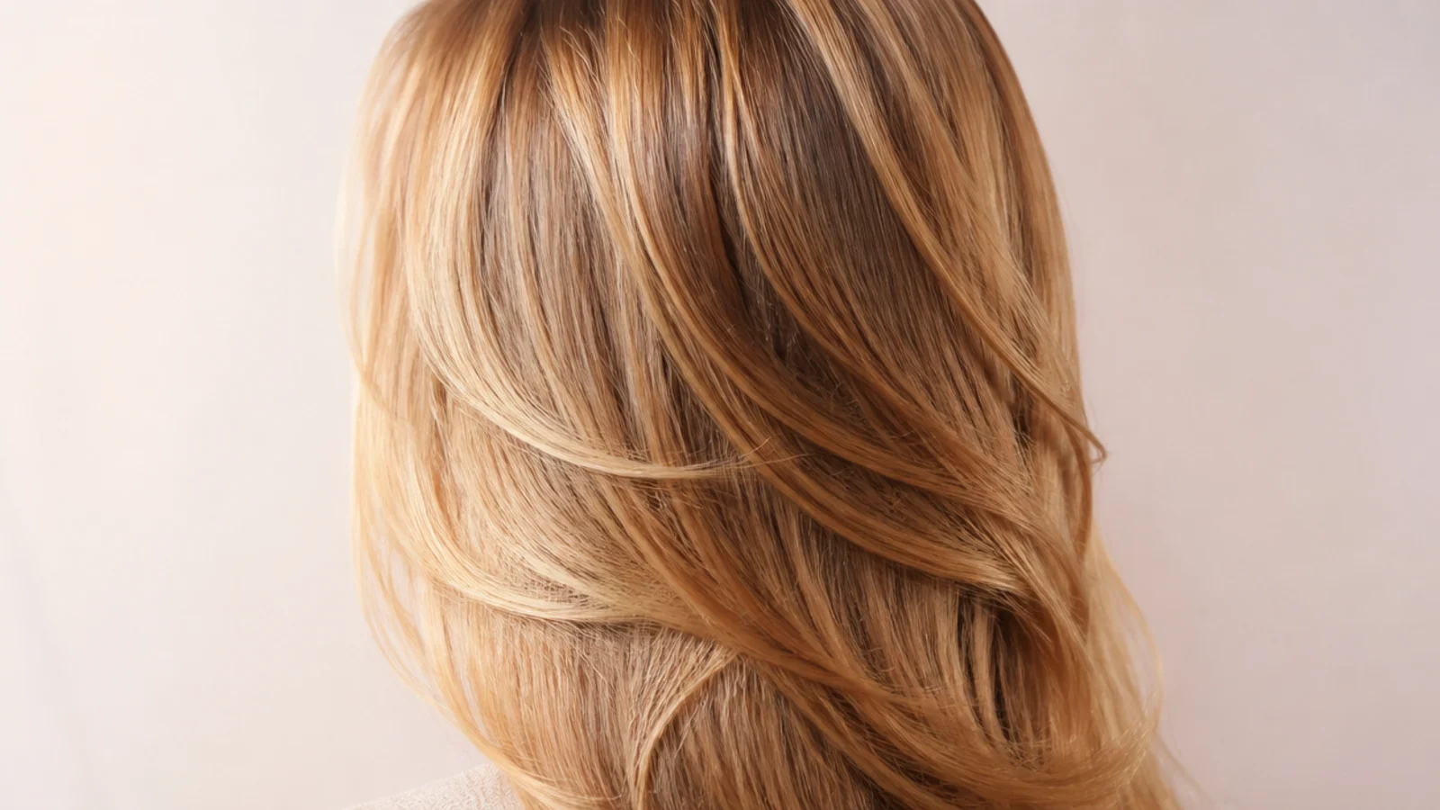 Butterscotch blonde hair color with warm caramel depth on long layered hair from behind