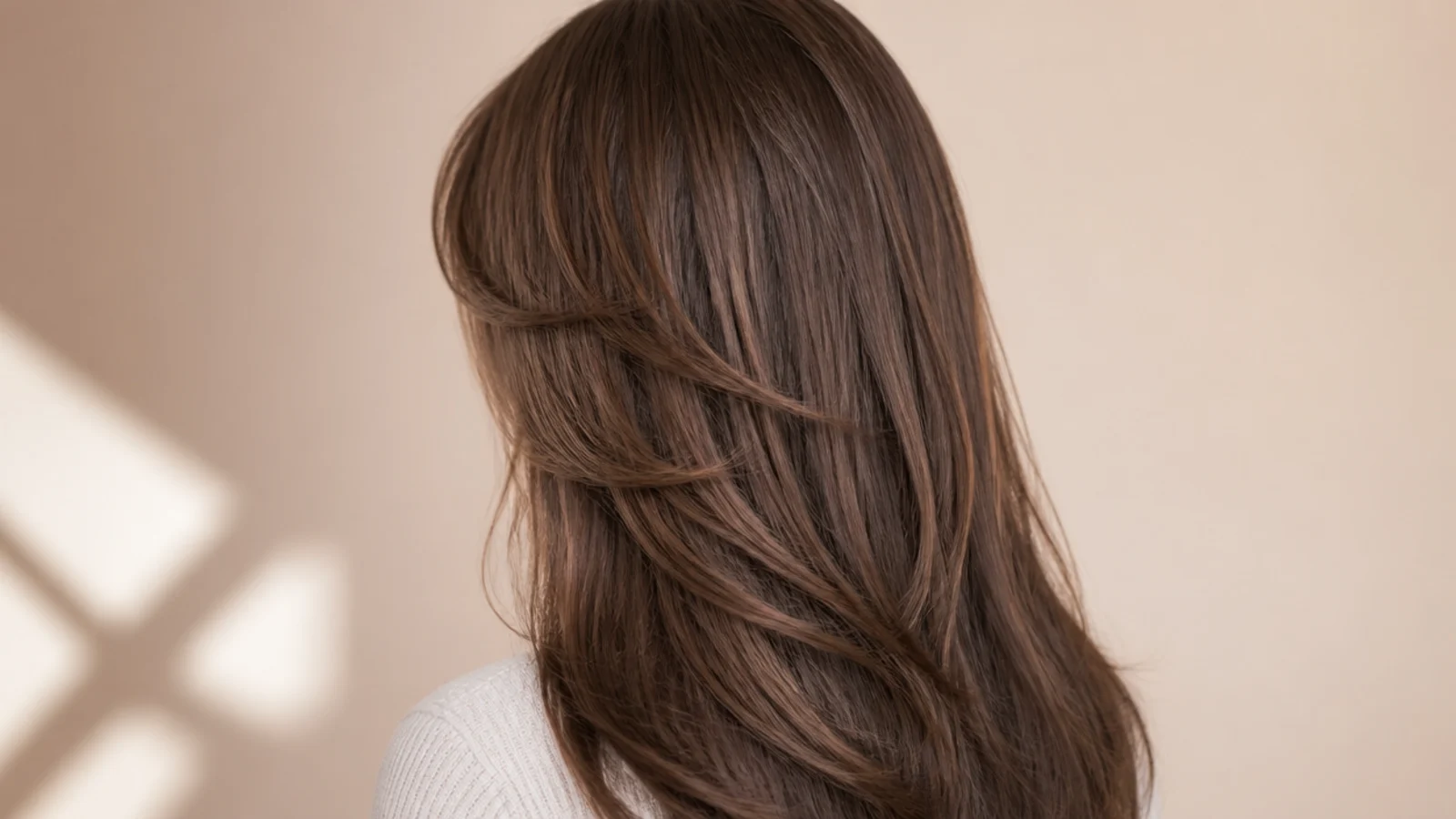 Mushroom brown hair color with cool neutral depth on long layers with a curtain fringe from behind
