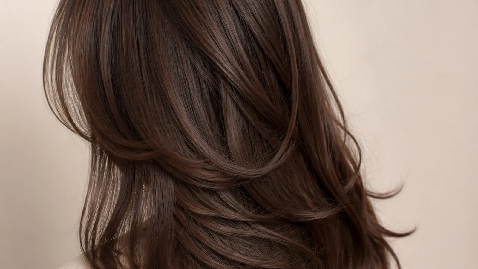 Chocolate brown semi-permanent hair color on long layers with face-framing pieces seen from behind