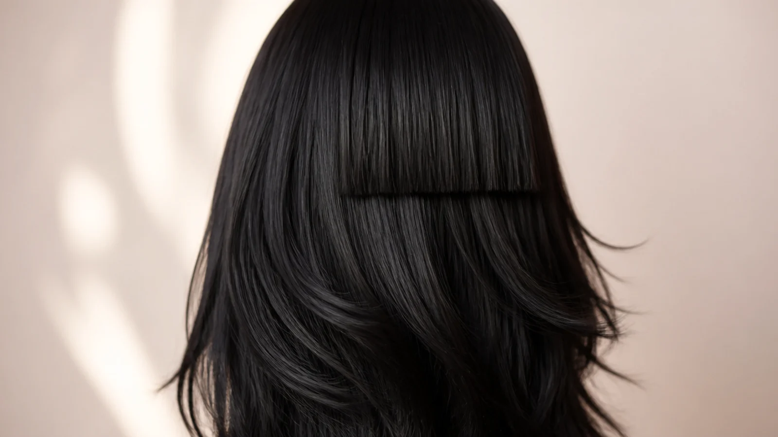 Jet black hair color with a blunt fringe worn as a wig over long layered hair from behind