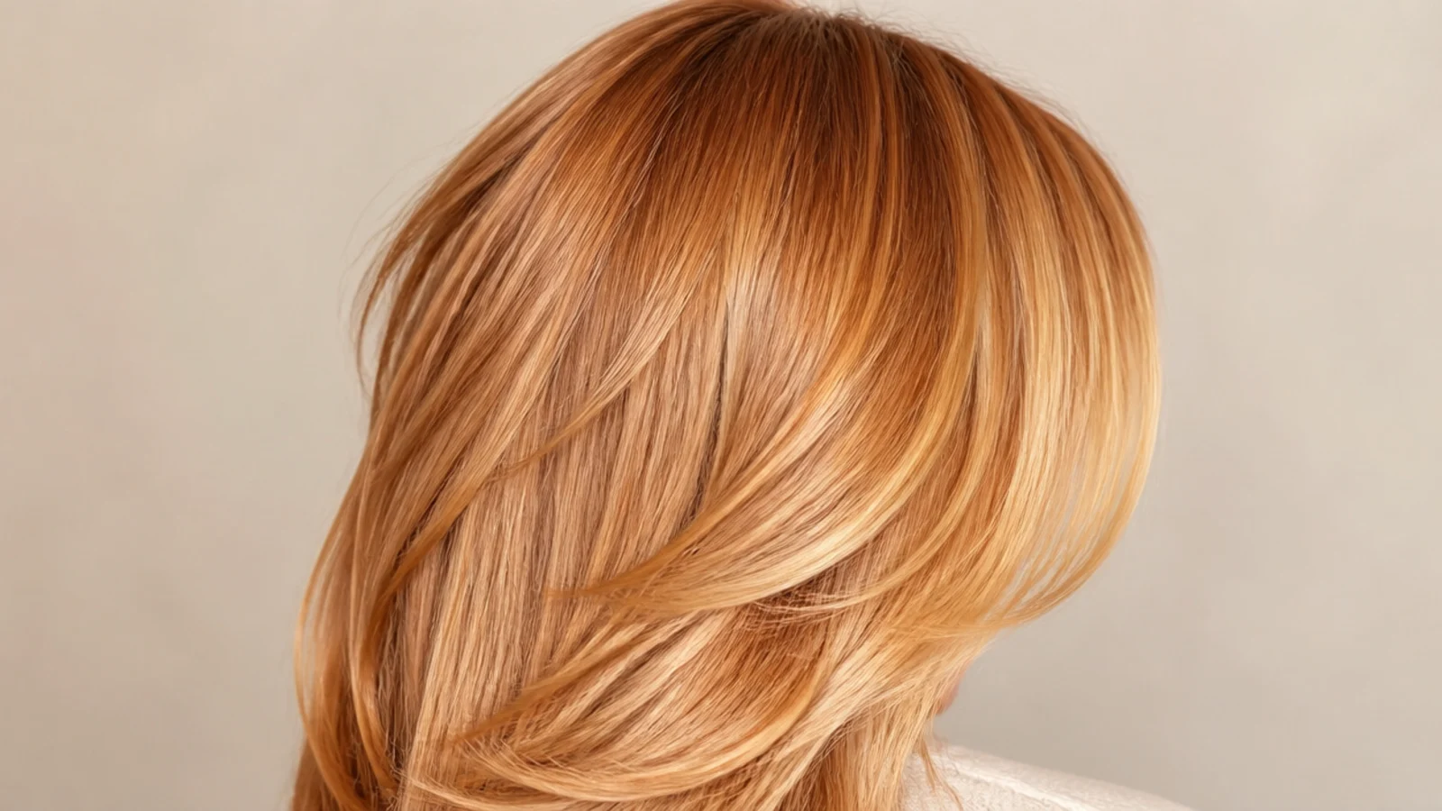 Copper gloss hair color glowing over faded blonde layers with a curtain fringe from behind
