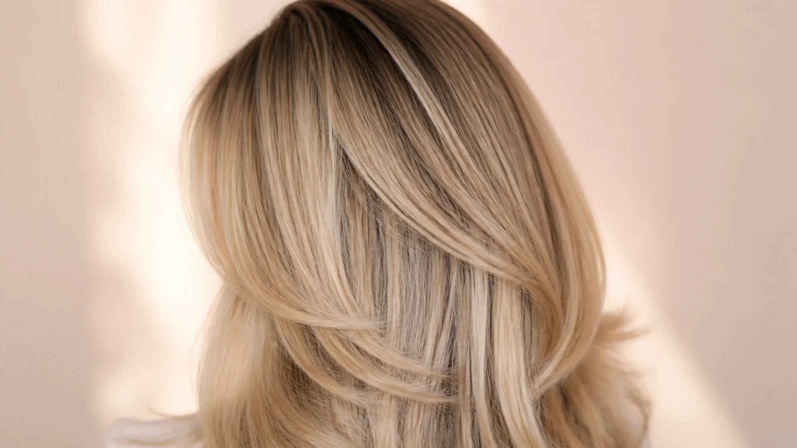 Grown out blonde hair color reset with a root smudge blending regrowth into long layers from behind