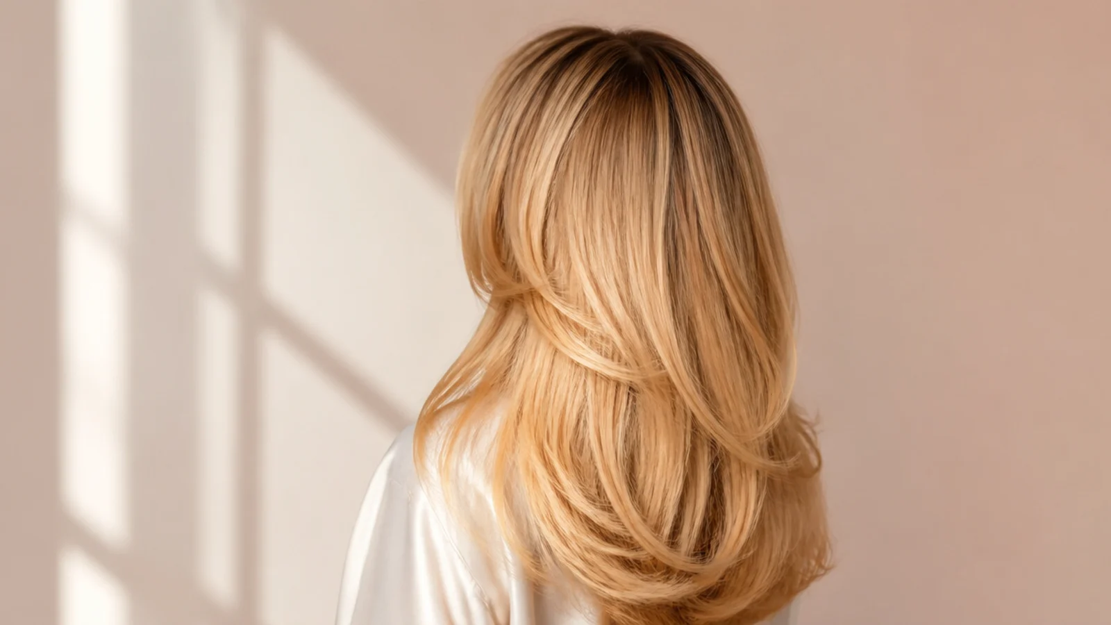 Buttery blonde Sabrina Carpenter hair color with a shadow root on long layered hair, photographed from behind