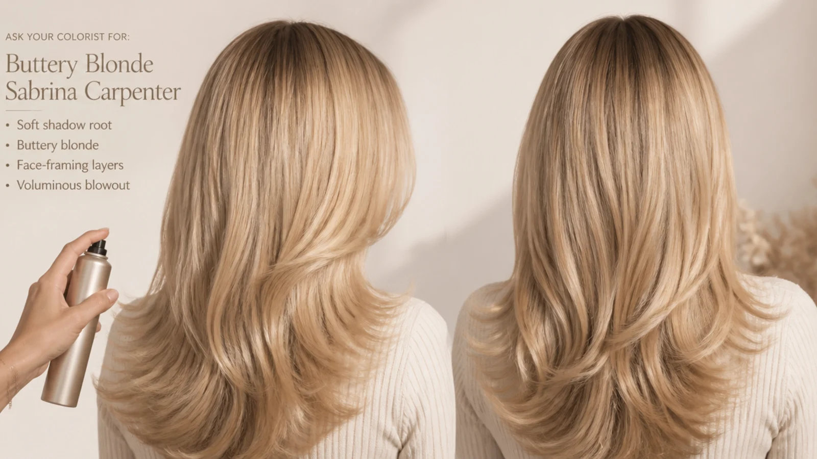 Asking a colorist for buttery blonde Sabrina Carpenter hair color with a soft shadow root